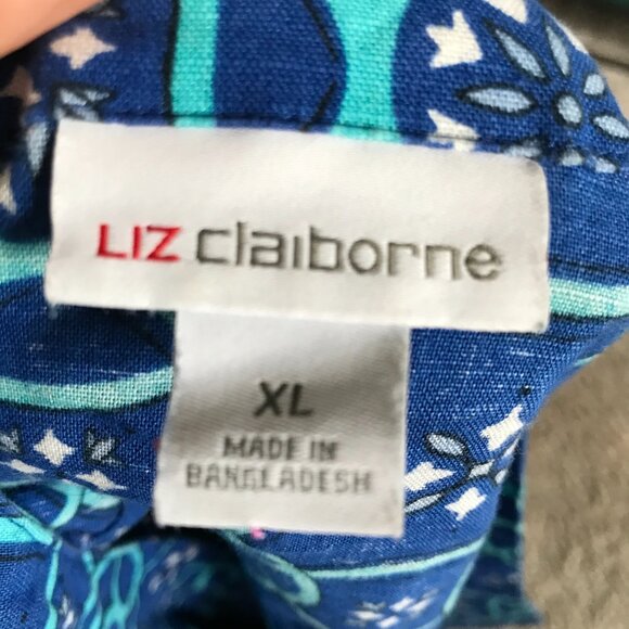 LIZ CLAIBORNE size XL Blue Geometric Print Sleeveless Linen Blend Dress Pockets - Picture 5 of 5